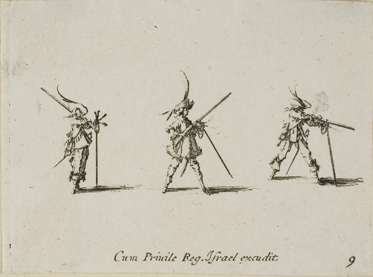 Firing the Musket, plate nine from The Military Exercises by Jacques Callot, print, 1635
