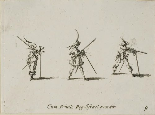 Firing the Musket, plate nine from The Military Exercises by Jacques Callot, print, 1635