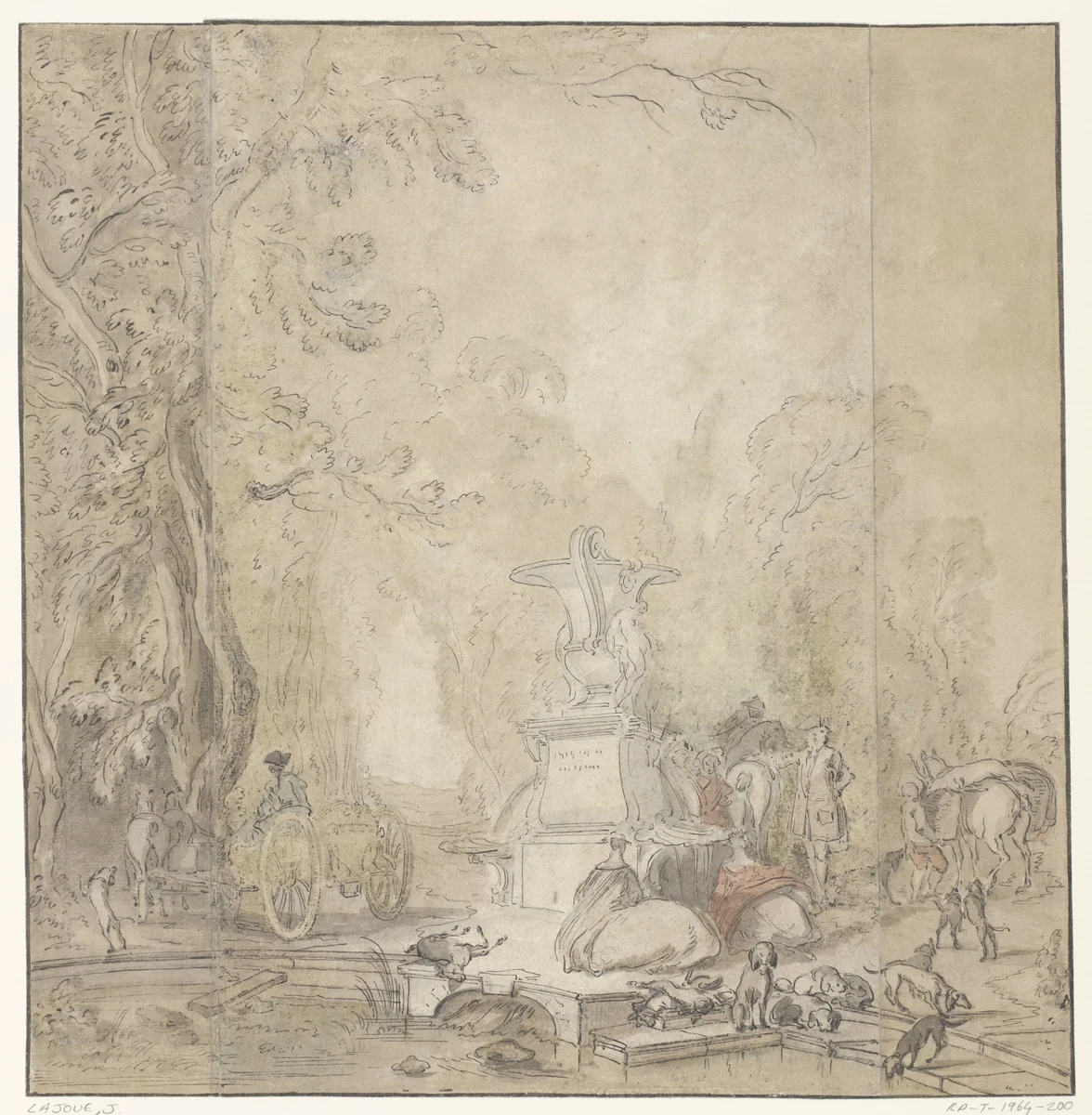 Parkgezicht met een jachtgezelschap by Jacques Lajoue, drawing, 1697-1761
