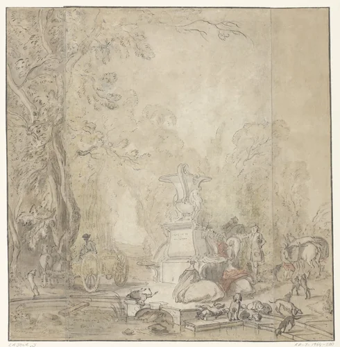 Parkgezicht met een jachtgezelschap by Jacques Lajoue, drawing, 1697-1761