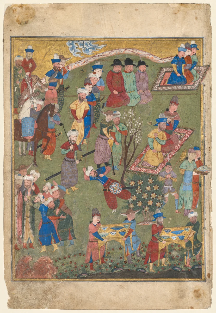 Royal Reception in a Landscape, left folio from the double frontispiece of a Shahnama (Book of Kings) of Firdausi (Persian, about 940–1019 or 1025) by Unknown, manuscript, 1444