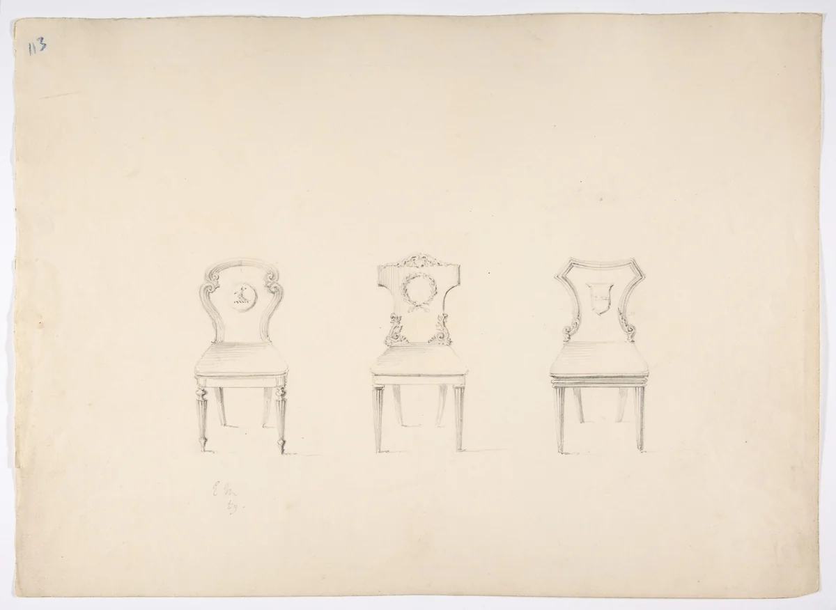Design for Three Chairs with Arms or Devices on Backs by anonymous, drawing, 1800-1850