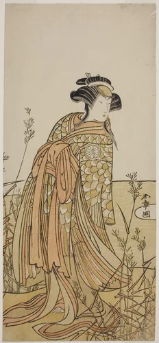 The Actor Segawa Kikunojo III as Spirit of a Mandarin Duck (Oshidori) Disguised as Tagasode, in the Play Hana-zumo Genji Hiiki, Performed at the Nakamura Theater in the Eleventh Month, 1775 by Katsukawa Shunsho (勝川 春章), print, 1770-1780