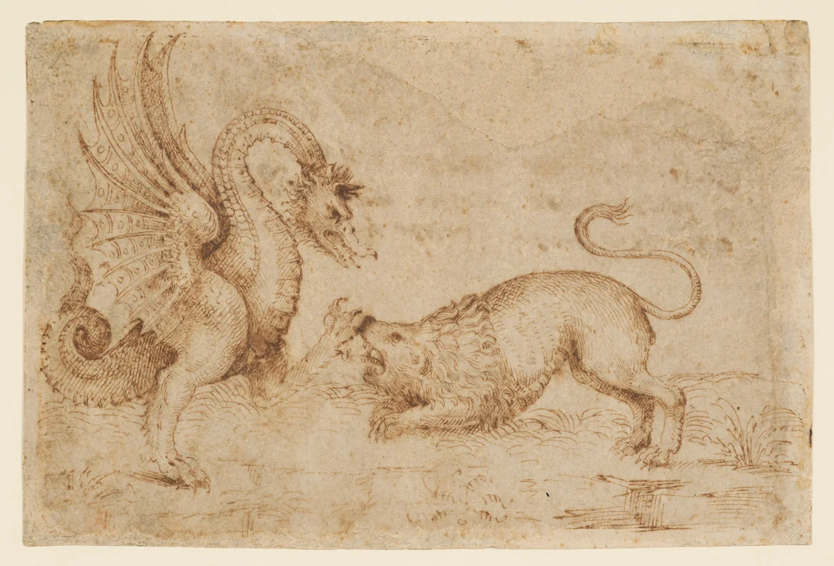 A Lion Confronting a Dragon by anonymous, drawing, 1495-1515