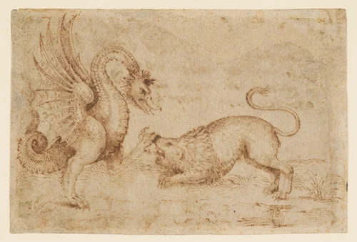 A Lion Confronting a Dragon by anonymous, drawing, 1495-1515