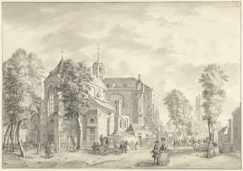 Pieterskerk te Utrecht met op de achtergrond de Dom by Jan de Beijer, drawing, 1713-1780
