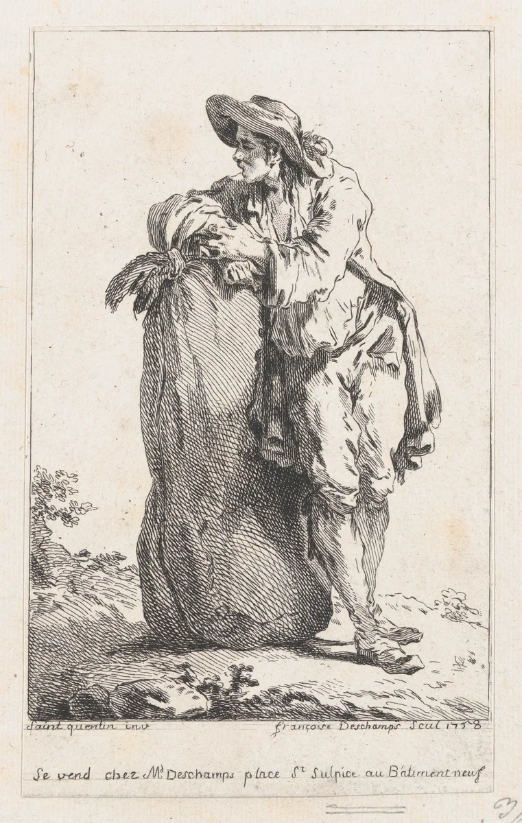 Peasant Leaning on a Sack of Grain by Catherine-Francoise Beauvarlet, print, 1758