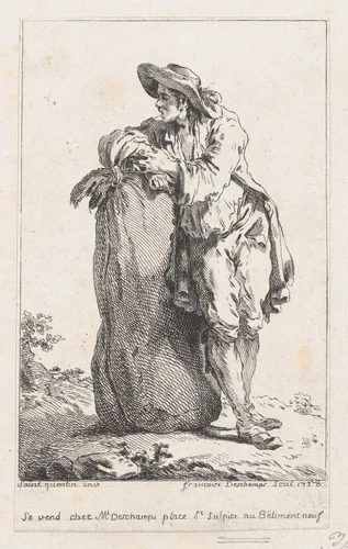 Peasant Leaning on a Sack of Grain by Catherine-Francoise Beauvarlet, print, 1758