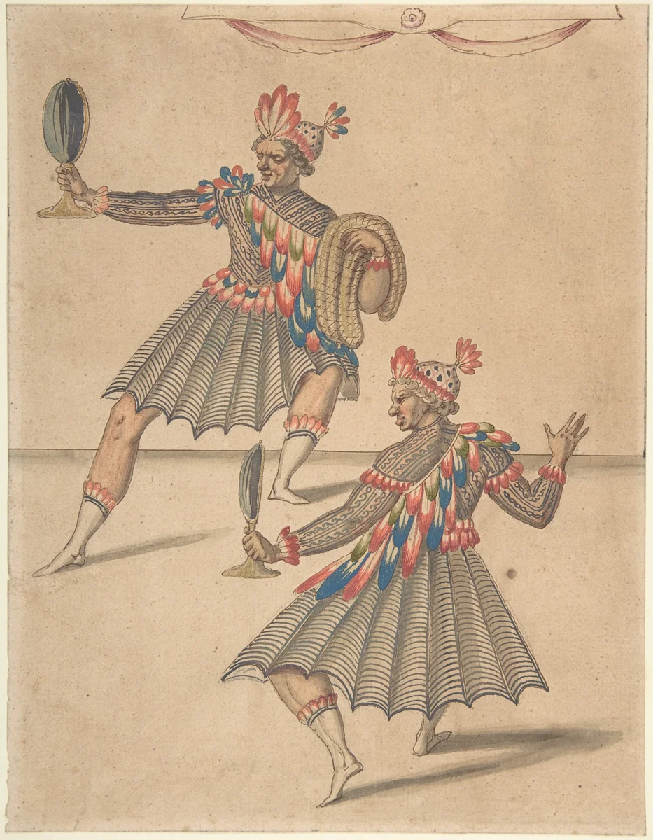 Drawing of Two 'Americans' for Ballet de la Douairière de Billebahaut by Daniel Rabel, drawing, 1626