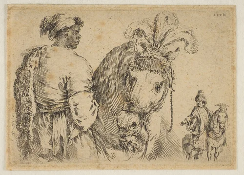 A Black Man Feeding a Horse by Stefano della Bella, print, 1657-1667