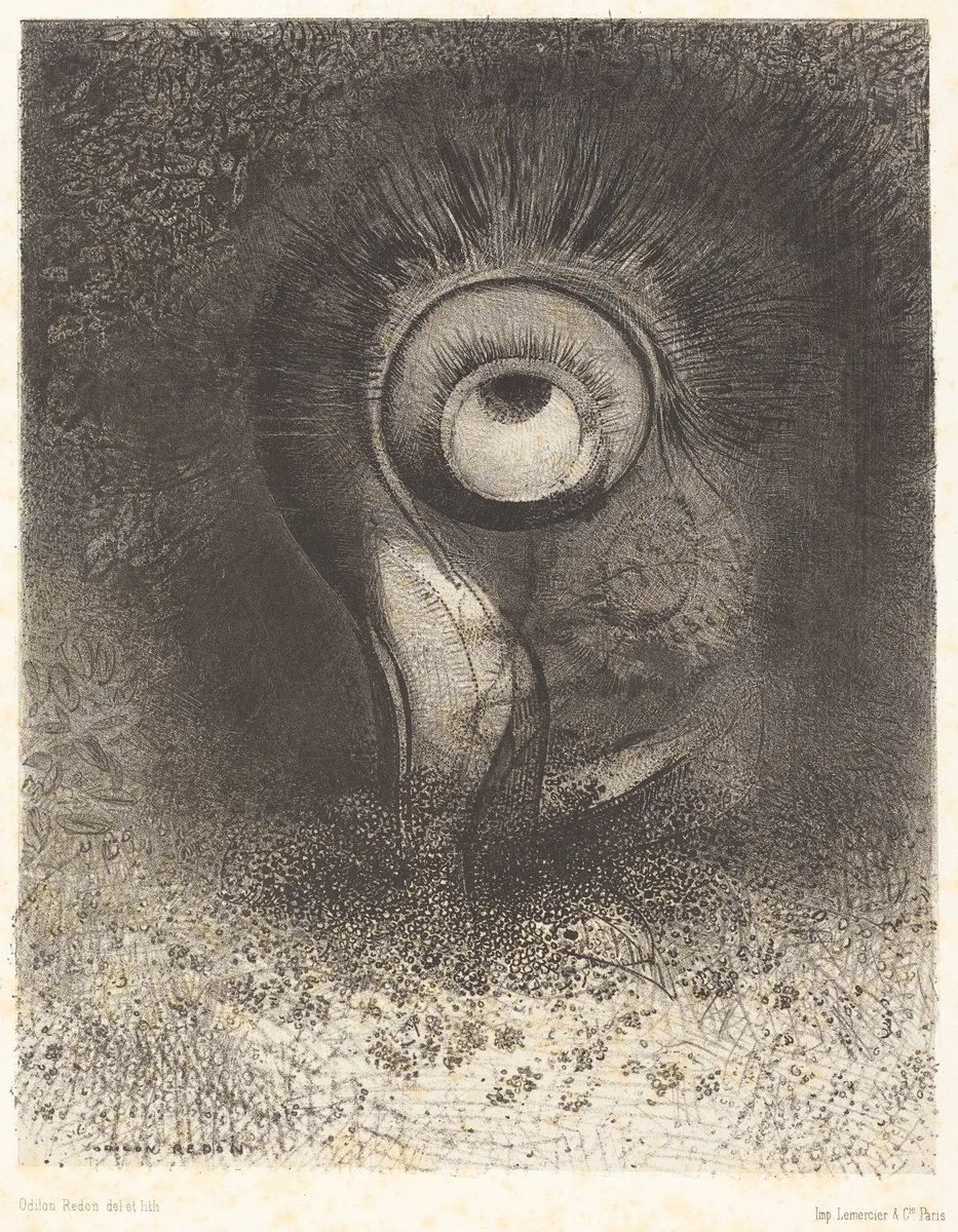 Il y eut peut-etre une vision premiere essayee dans la fleur (There was perhaps a first vision attempted in the flower) by Odilon Redon, print, 1883
