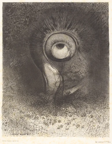 Il y eut peut-etre une vision premiere essayee dans la fleur (There was perhaps a first vision attempted in the flower) by Odilon Redon, print, 1883