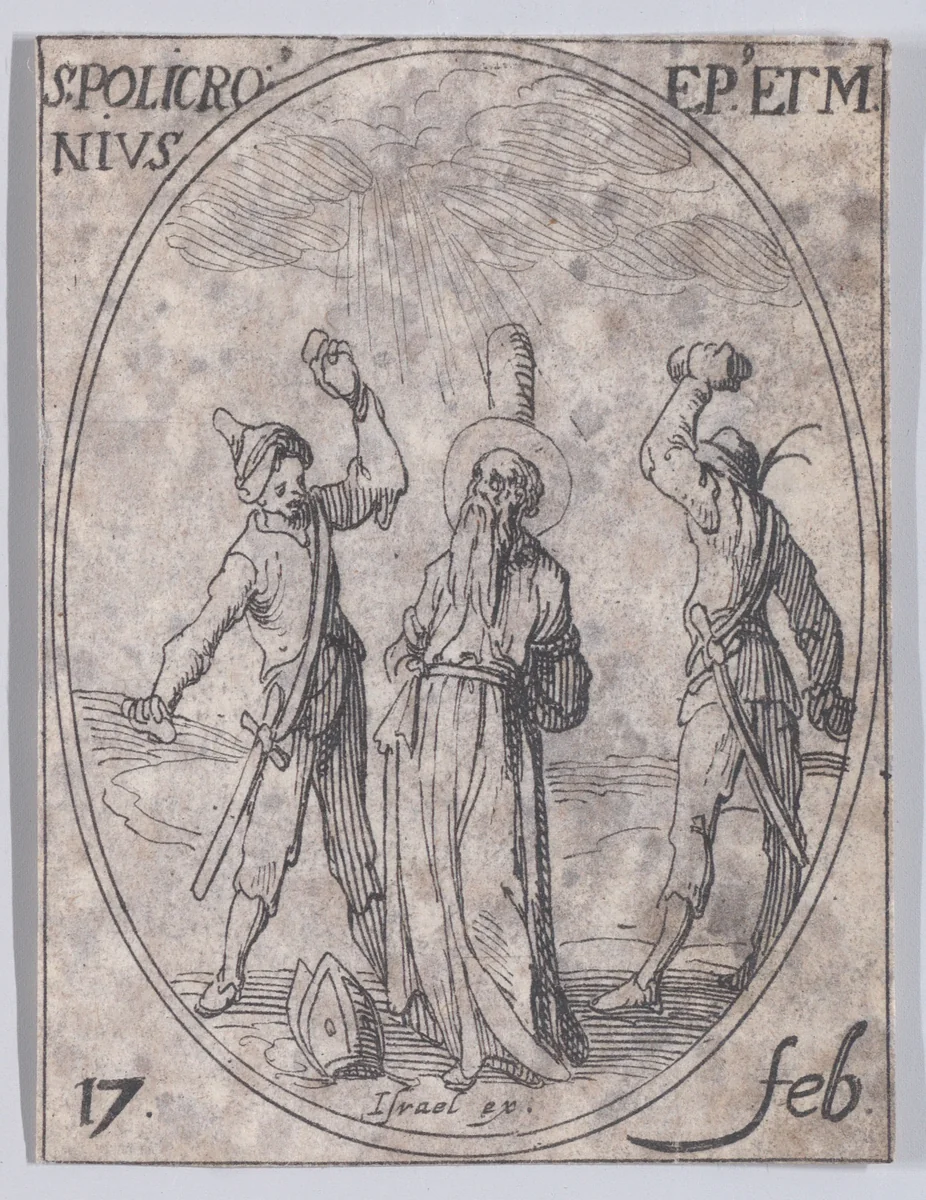 S. Polichroine, évêque et martyr (St. Polychronius, Bishop and Martyr), February 17th, from "Les Images De Tous Les Saincts et Saintes de L'Année" (Images of All of the Saints and Religious Events of the Year) by Jacques Callot, print, 1636