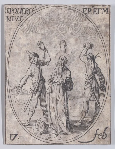 S. Polichroine, évêque et martyr (St. Polychronius, Bishop and Martyr), February 17th, from "Les Images De Tous Les Saincts et Saintes de L'Année" (Images of All of the Saints and Religious Events of the Year) by Jacques Callot, print, 1636