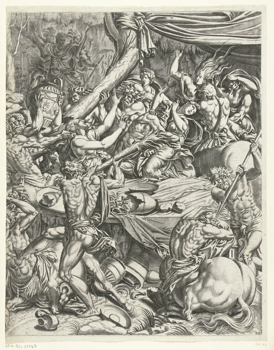 Strijd tussen de Lapithen en Centauren, rechter deel by Unknown, print, 1550