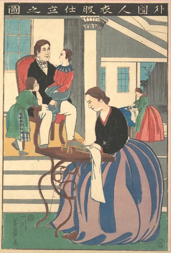 Picture of a Foreigner Making Clothes by Utagawa Yoshikazu, print, 1860