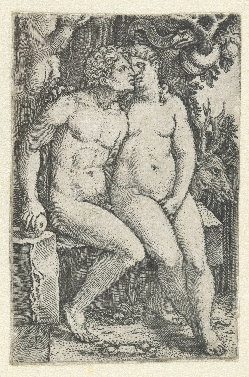 Verzoeking van Adam en Eva in het paradijs by Hans Sebald Beham, print, 1536