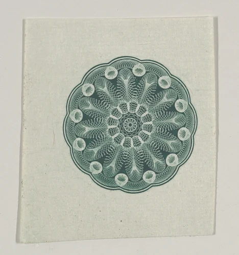 Banknote motif: small circular ornament containing floral lathe work by Cyrus Durand, print, 1819-1847