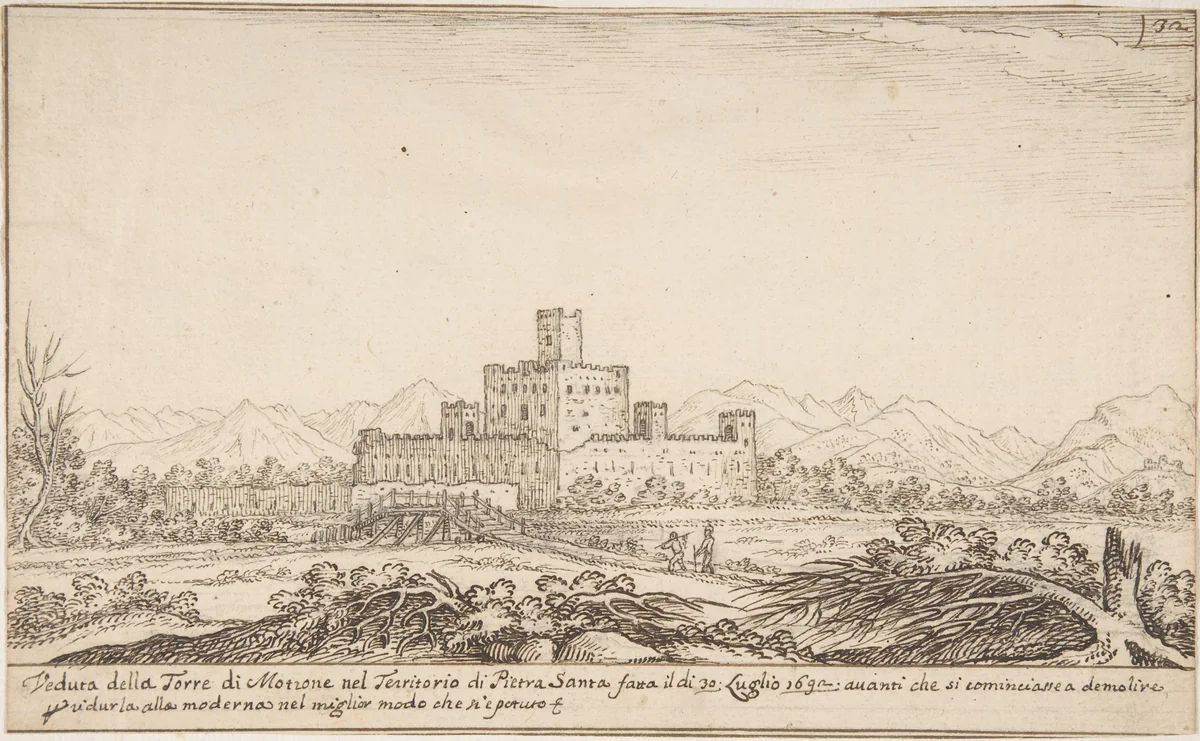 View of Motrone Castle (before its demolition around 1692) by Giovanni Francesco Grimaldi, drawing, 1606-1680