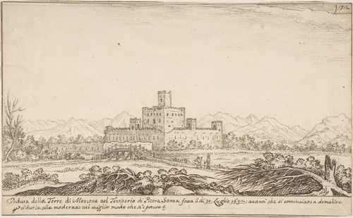 View of Motrone Castle (before its demolition around 1692) by Giovanni Francesco Grimaldi, drawing, 1606-1680