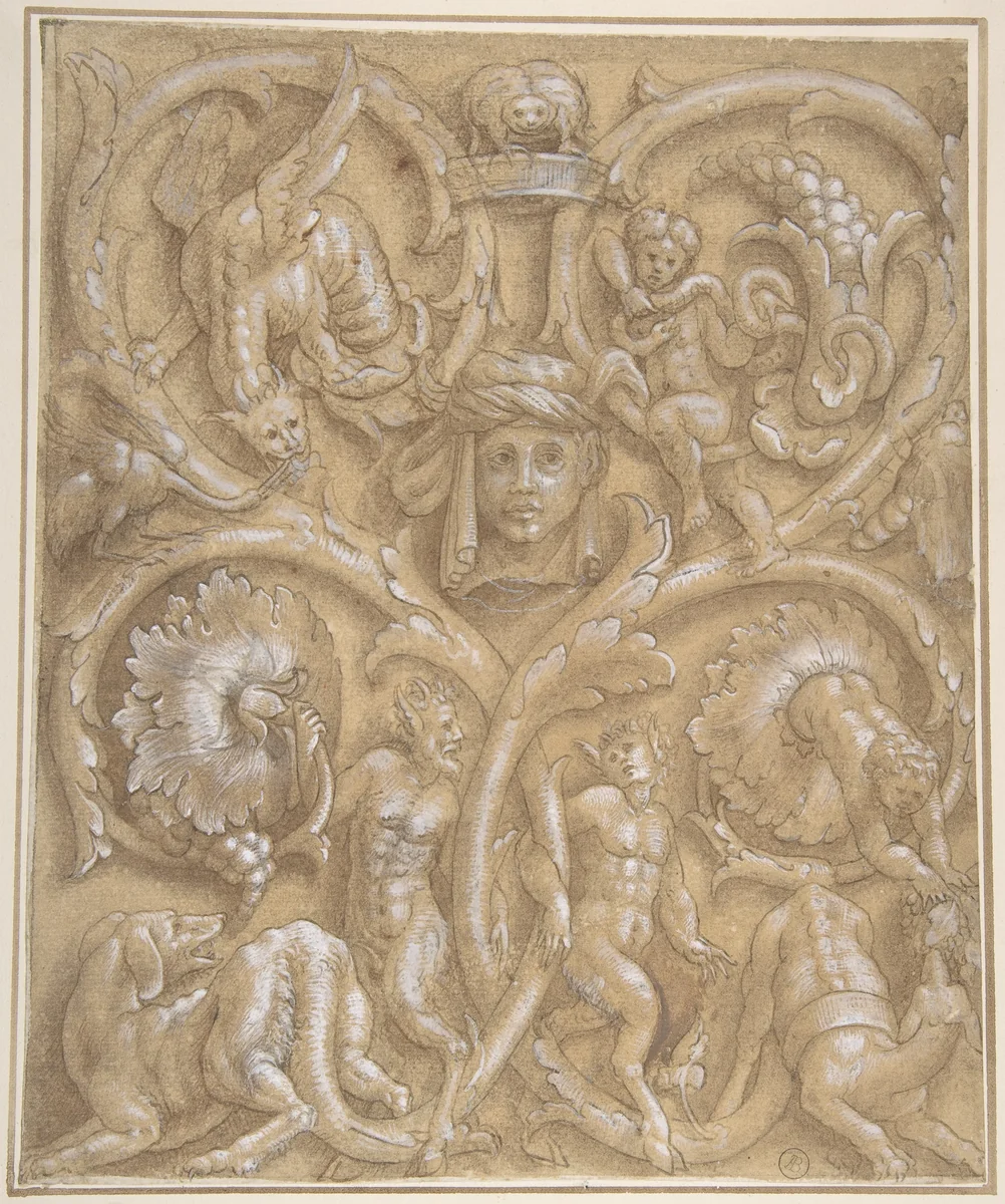 Design for an Ornamental Panel with Rinceaux, Satyrs, Putti, Monsters and a Human Head by Giulio Campi, drawing, 1535-1545
