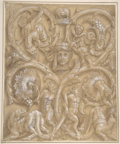 Design for an Ornamental Panel with Rinceaux, Satyrs, Putti, Monsters and a Human Head by Giulio Campi, drawing, 1535-1545