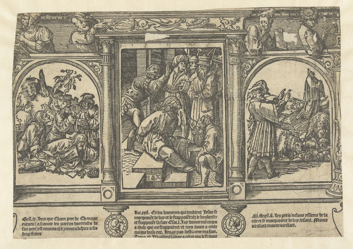 Bespotting van Christus, van Noach en van Elisa by Unknown, print, 1520-1521