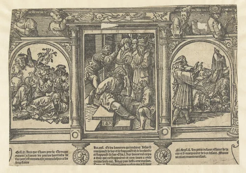 Bespotting van Christus, van Noach en van Elisa by Unknown, print, 1520-1521
