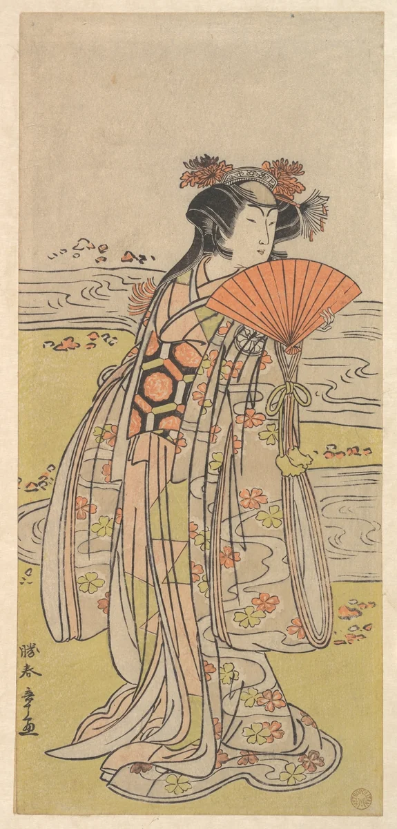 The Actor Segawa Kikunojo III as a Woman Standing near a Winding Stream by Katsukawa Shunshô (勝川春章), print, 1767-1787