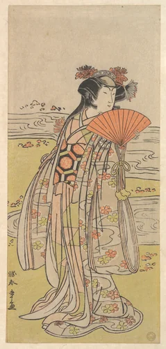 The Actor Segawa Kikunojo III as a Woman Standing near a Winding Stream by Katsukawa Shunshô (勝川春章), print, 1767-1787