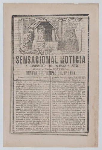 Sensational story about the sighting of a skeleton inside a holy temple, a man lying on the floor while a skeleton returns to a chamber and a cloaked figure exits to the right by José Guadalupe Posada, print, 1903