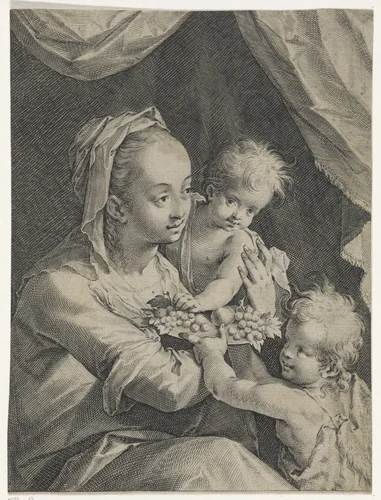 Maria met het Christuskind en Johannes de Doper by Johann Sadeler, print, 1591