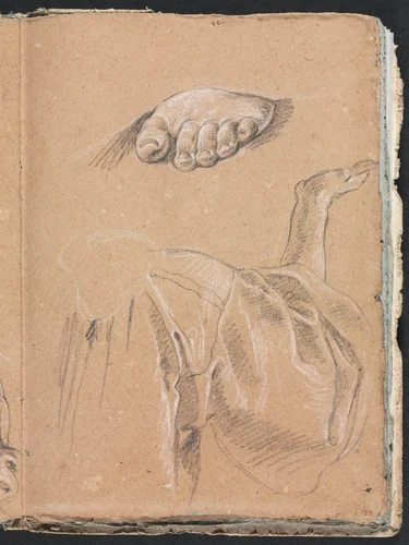 Verona Sketchbook: Study of a left foot and drapery study with right arm (page 79) by Francesco Lorenzi, book, 1760