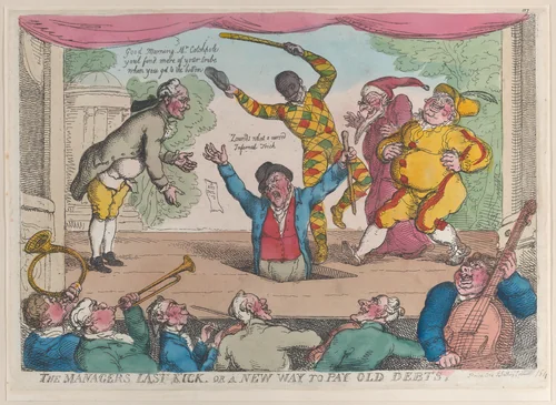 The Manager's Last Kick, or a New Way to Pay Old Debts by Thomas Rowlandson, print, 1811