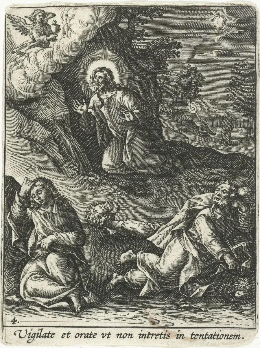 Christus in de hof van olijven by Adriaen Collaert, print, 1570-1618