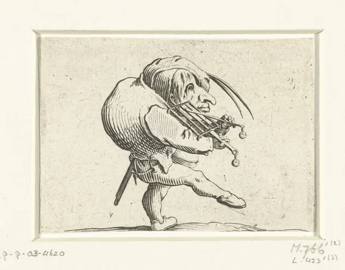 Kleine mens (karikatuur) met rooster en zwaard by Jacques Callot, print, 1621-1625