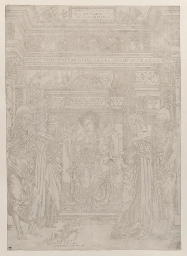 The Virgin and Child enthroned within an elaborate architectural structure, flanked by four saints, at left St John the Baptist and St Angelus, at right St Albert and St Jerome by Giovanni Maria da Brescia, print, 1500