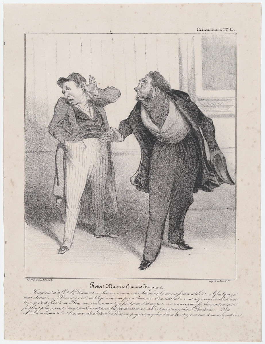 Plate 15: Robert Macaire, travelling salesman, from 'Caricaturana,' published in Les Robert Macaires by Honoré Daumier, print, 1838