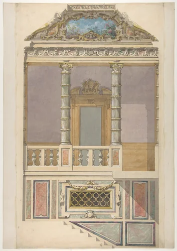 Elevation of an Italianate interior, including steps and an upper loggia decorated in composite columns by Jules-Edmond-Charles Lachaise, drawing, 1830-1897