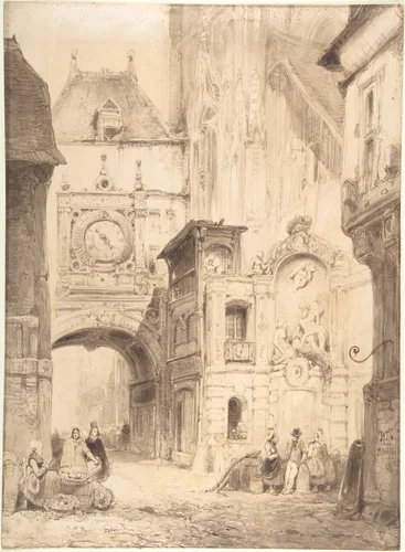 Rue du Gros Horloge, Rouen by Wijnand Jan Joseph Nuijen, drawing, 1828-1839