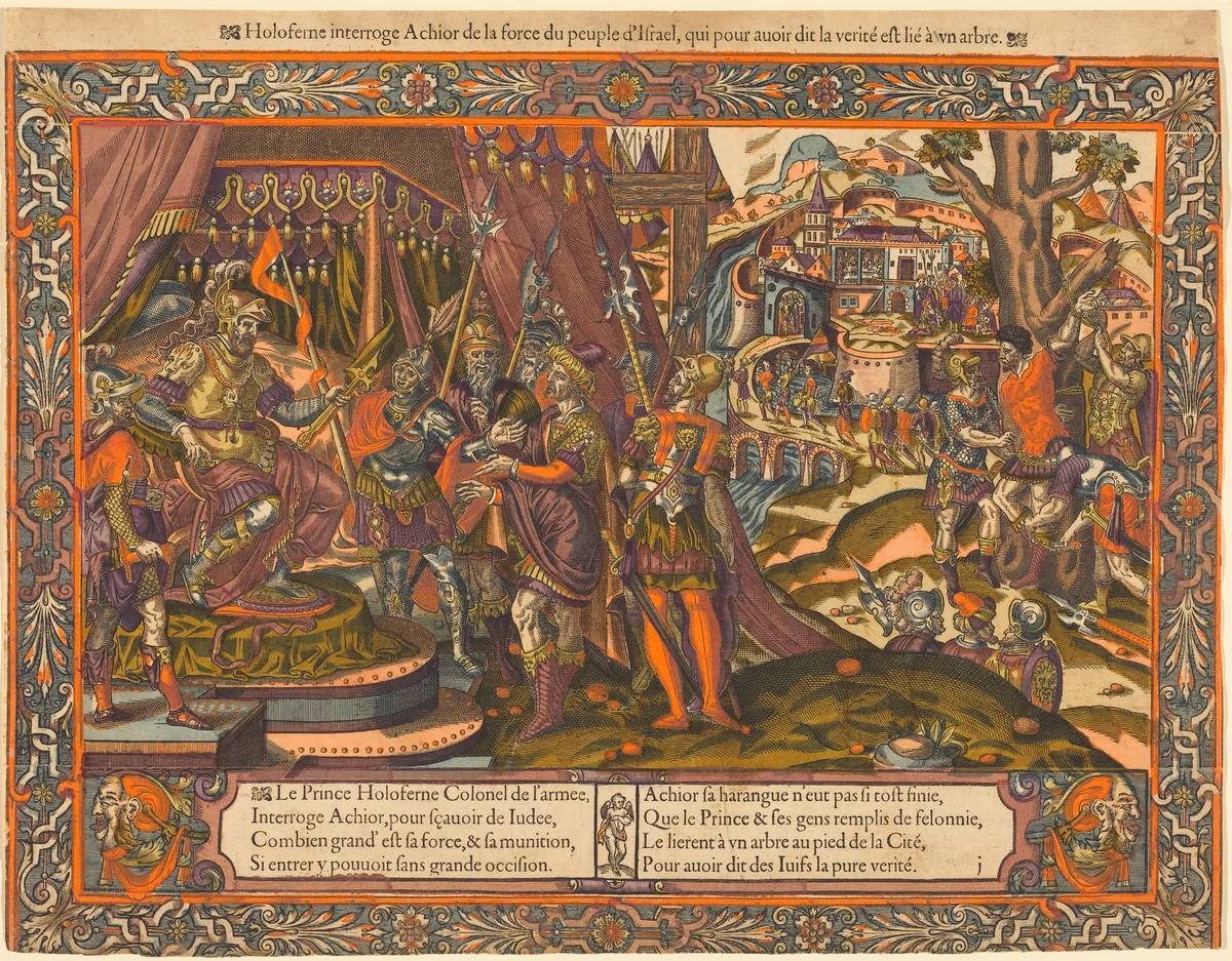 Holofernes Interrogating Achior by French 16th Century, print, 1575