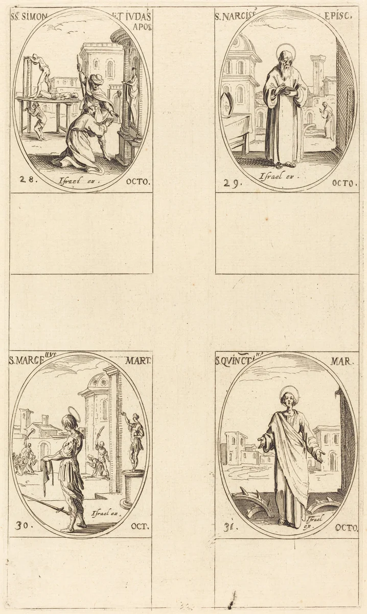Sts. Simon and Jude, Apostles; St. Narcissus; St. Marcellus; St. Quintin by Jacques Callot, print, 1627-1637