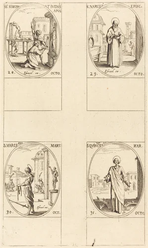 Sts. Simon and Jude, Apostles; St. Narcissus; St. Marcellus; St. Quintin by Jacques Callot, print, 1627-1637