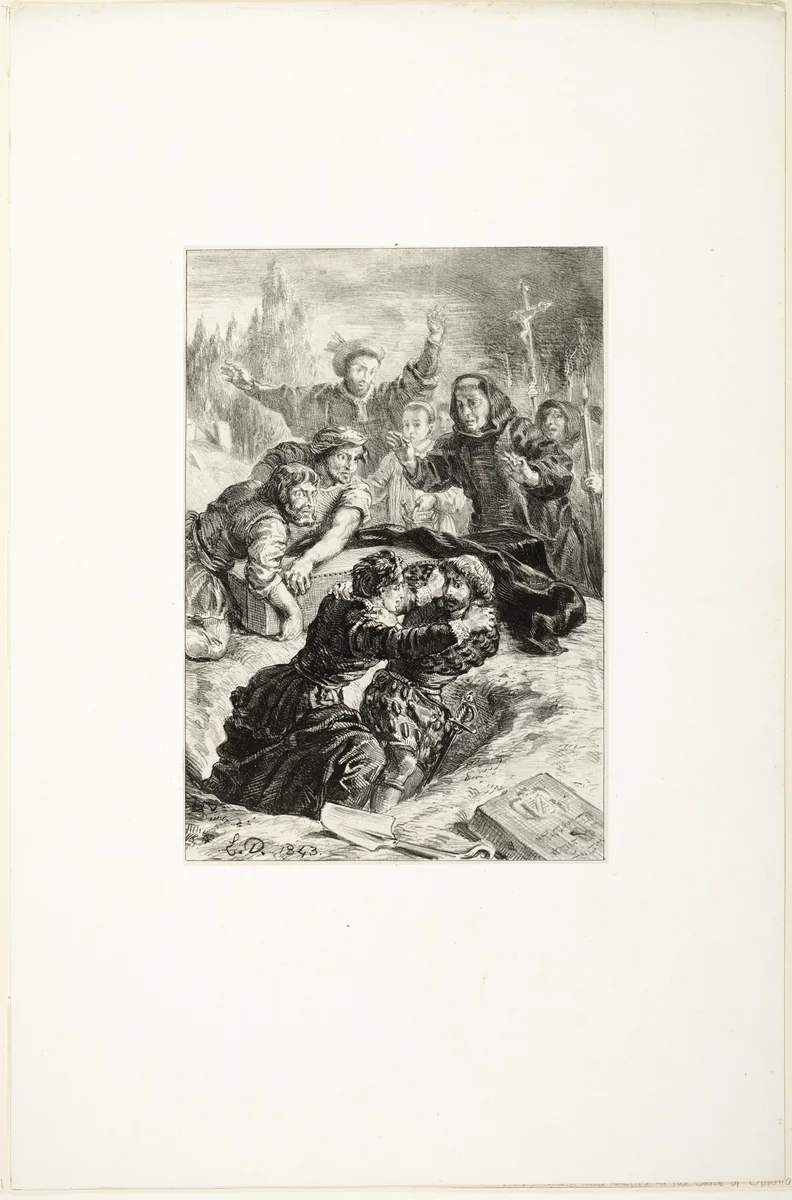 Hamlet and Laertes in Ophelia's Grave by Eugène Delacroix, print, 1843