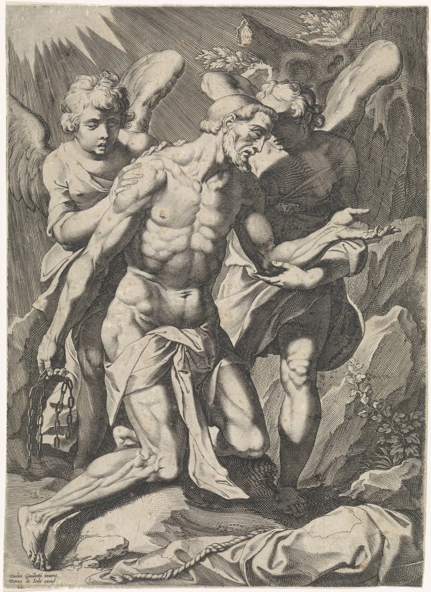 Man ondersteund door twee engelen by Egbert van Panderen, print, 1590-1637