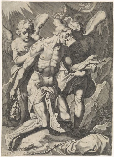 Man ondersteund door twee engelen by Egbert van Panderen, print, 1590-1637
