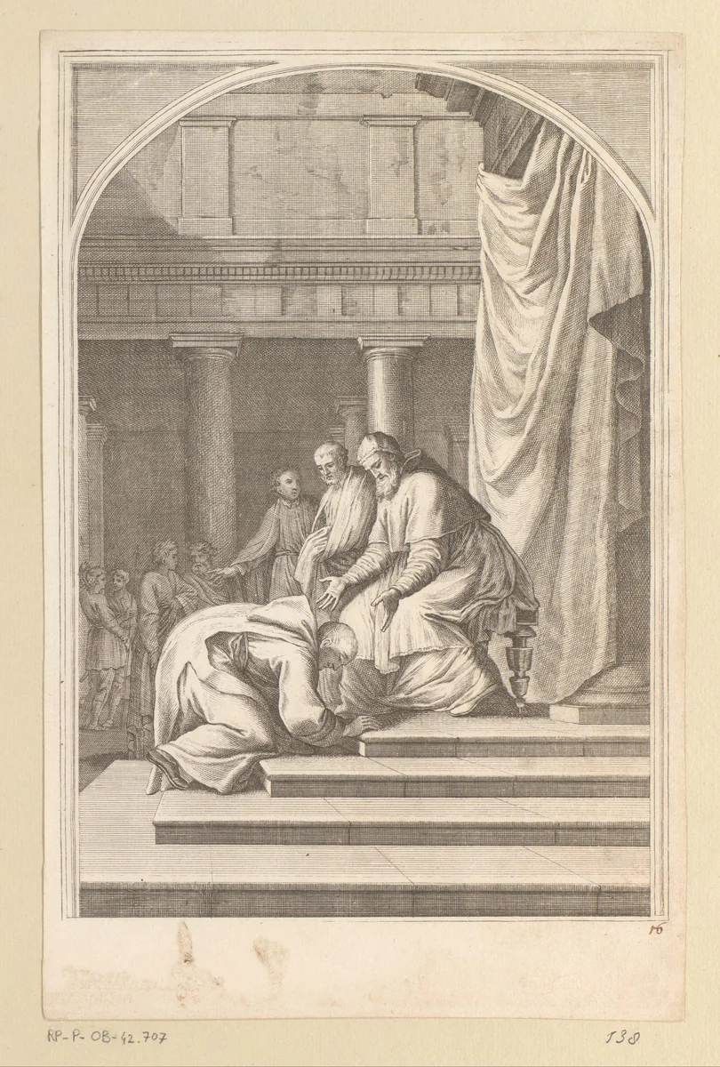 Aankomst van de Heilige Bruno in Rome bij Urbanus II by François Chauveau, print, 1623-1676