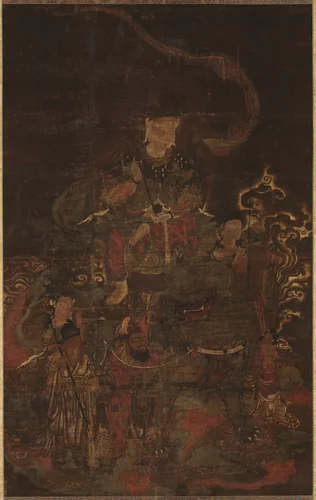 Monju Riding Lion with Attendants by Unknown, painting, 1200-1299