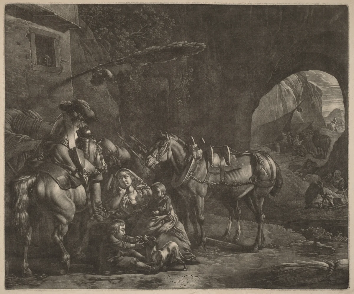 Mother with Two Children and a Horse in Front of an Inn by Jan van Huchtenburgh, print, 1647-1733