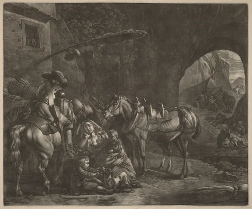 Mother with Two Children and a Horse in Front of an Inn by Jan van Huchtenburgh, print, 1647-1733